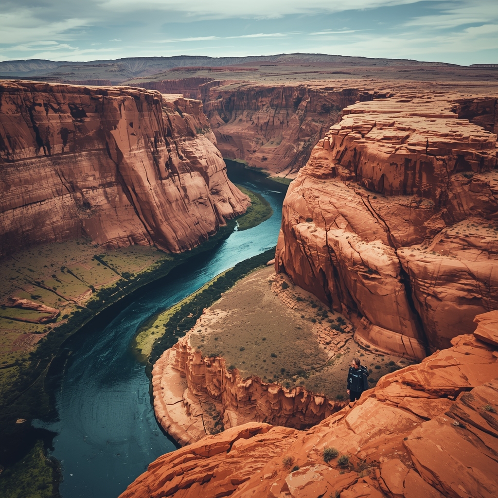 A dramatic canyon landscape with layered red and orange sandstone walls, a clear blue river winding through the bottom of the gorge, a lone male explorer standing at the edge looking down, wide angle cinematic shot